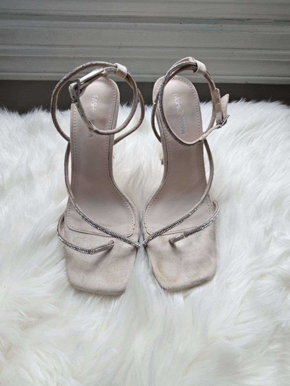 Fashion Nova Cream Rhinestone Strappy Heeled Sandals